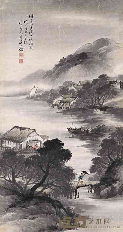 吴石僊 1898年作 溪山烟雨图 立轴 99.5×53.5cm
